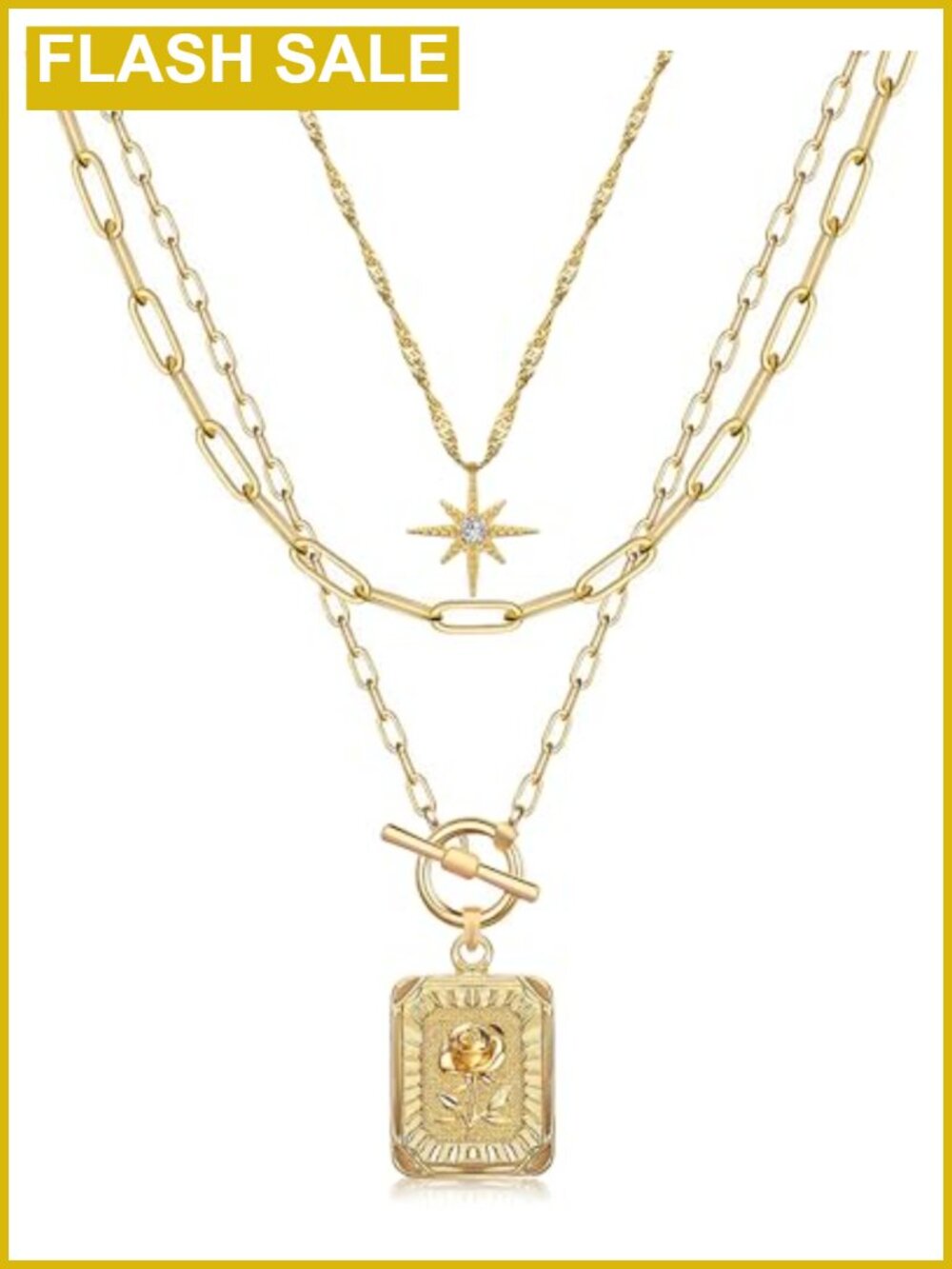 Layered Necklace Set 14K Gold Plated Brass Paperclip Chain 3 Pieces